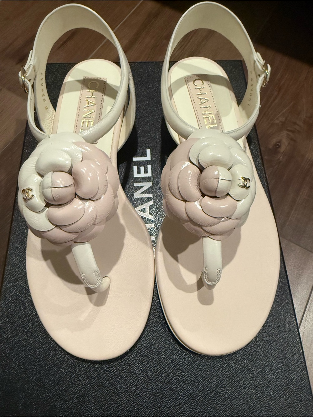 CHANEL Cream & Blush Camellia Thong Sandals (sz 37)